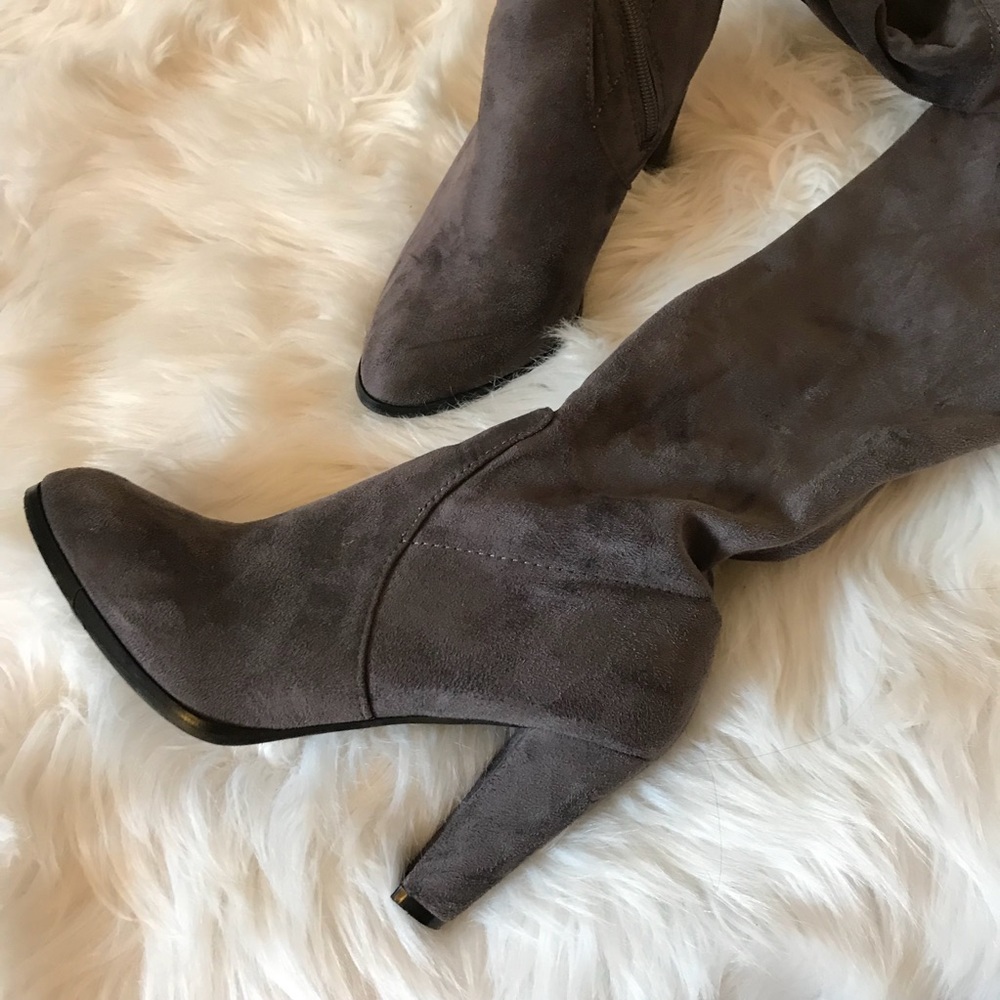 Dark Gray Over The Knee Pointed Toe Boot Heels